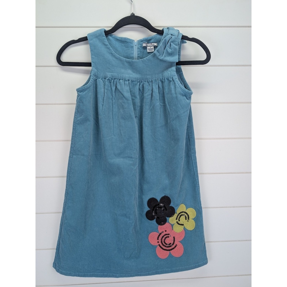 Vintage Girl Corduroy Jumper Dress Size 8 Teal Floral Embroidered Kid Sequin 90s
